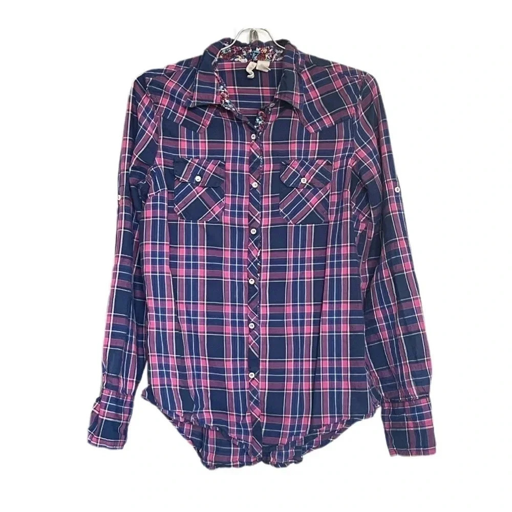 Red Camel Plaid Navy and Pink Button Down Long Sleeve Shirt Junior’s Large